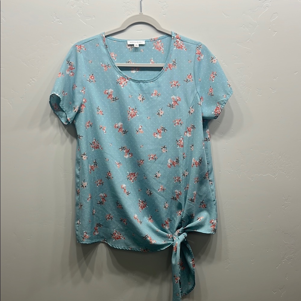 DownEast Blue Tie Front Cuffed Sleeve Blouse